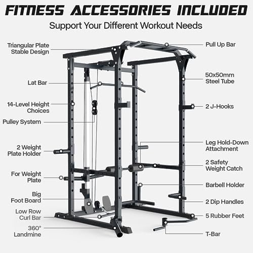 Power Cage, Power Rack with LAT Pulldown, Multi-Functional S...
